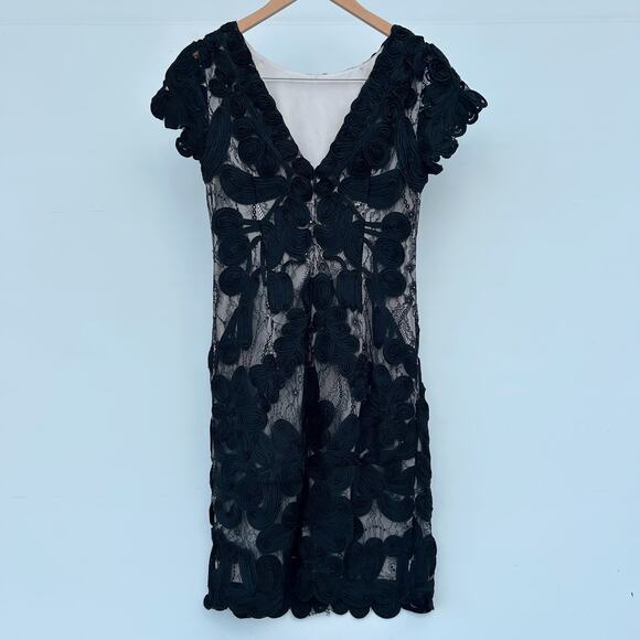 JS Collections Black Lace Cocktail Dress High Neck Short Sleeve Mini 4 Sheath - Picture 3 of 8